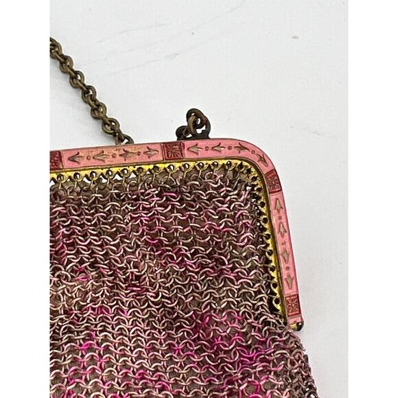 Antique Ornate German Enamel Mesh Coin Purse Bag Pink Repousse Frame Lining good - Picture 5 of 16